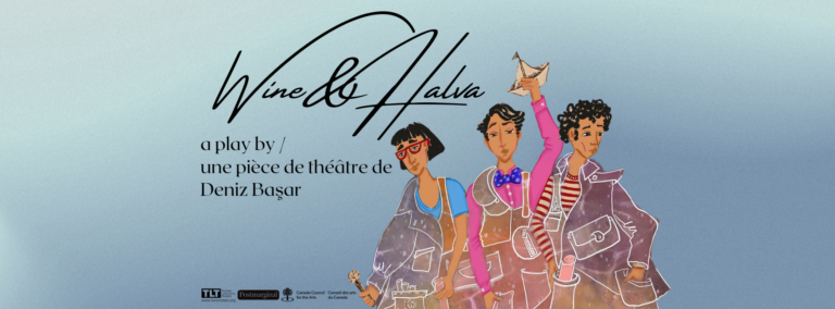 A hand drawn poster for the play Wine and Halva, showing three people joined together by a large brown, grey, blue and pink costume with many pockets.