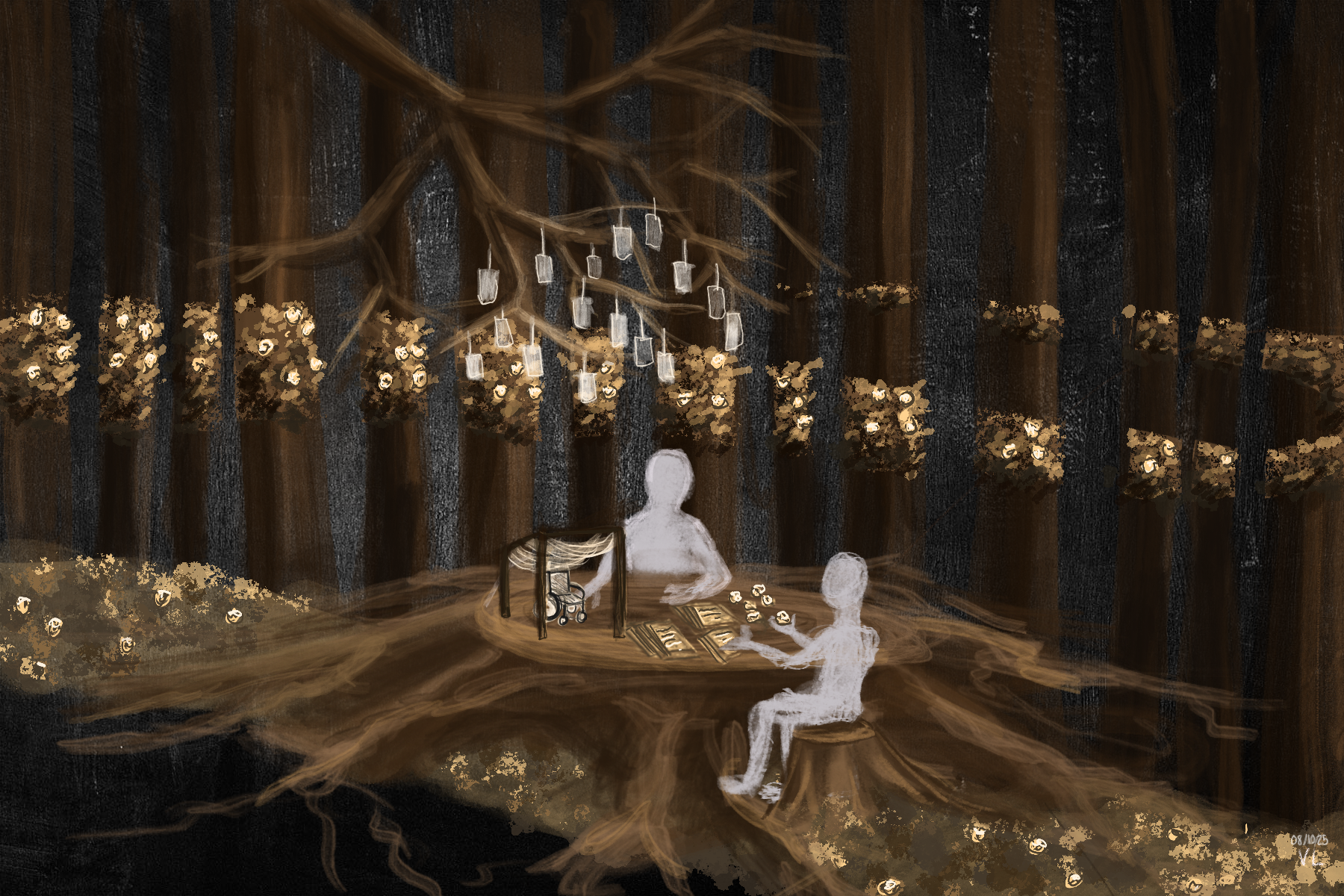 A drawing of a forest night scene with two figures seated around a trunk