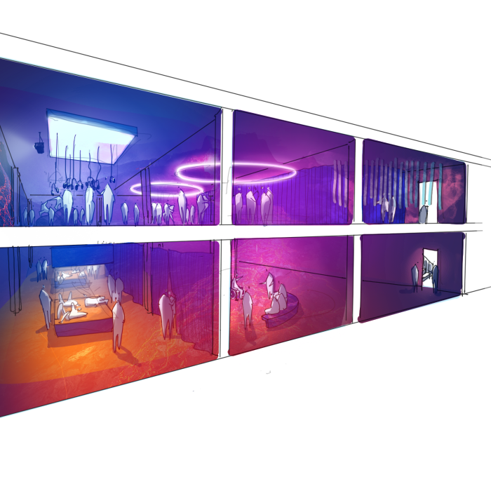 An drawn image in purple pink, and blue of a window, and inside, different performance with public